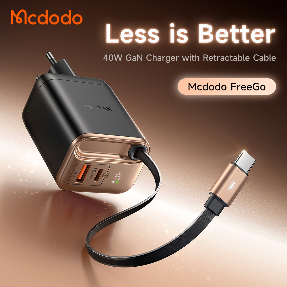 Mcdodo 40W 1C+1A Digital Display GaN Charger Built-in 65cm retractable USB-C Cable(EU)