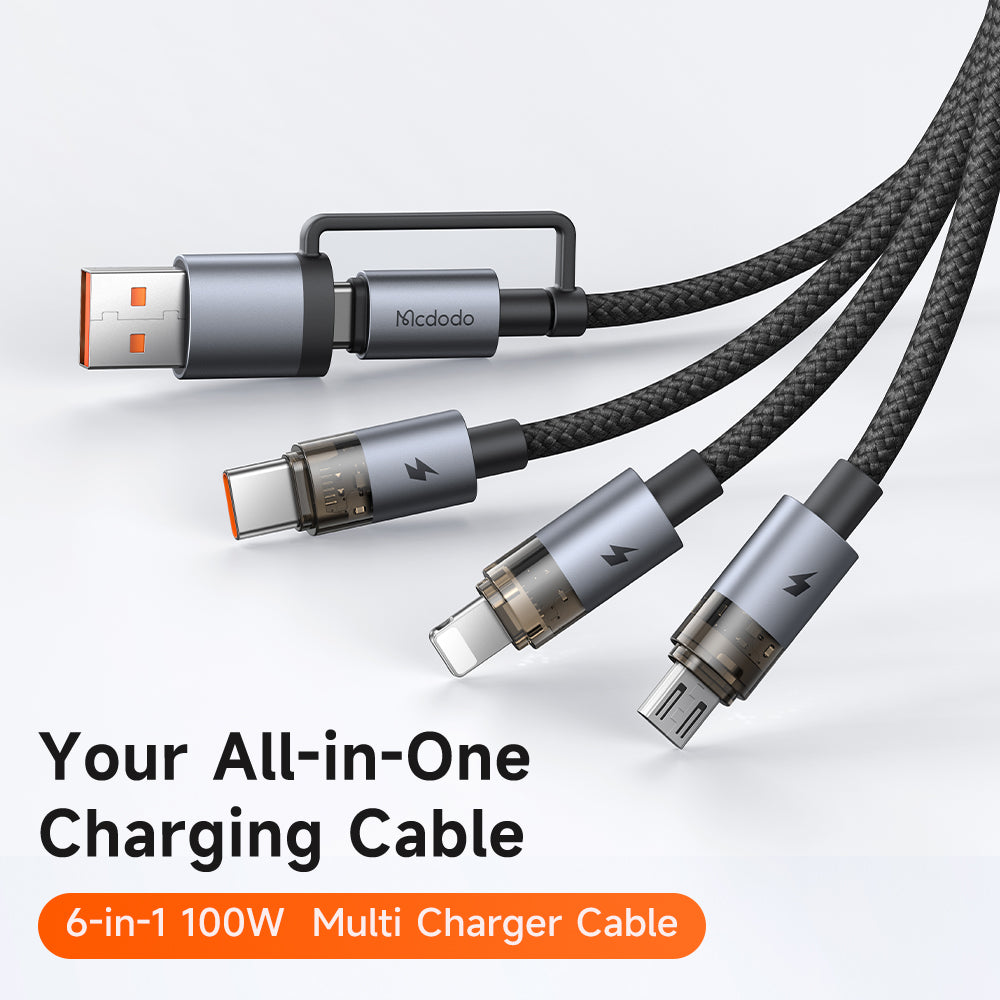Medodo 2 in 3 100W USB-A/C to Lightning+Micro+USB-C Transparent Cable with Charging Light 1.2m