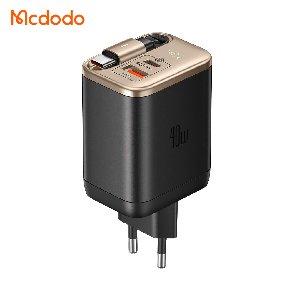Mcdodo 40W 1C+1A Digital Display GaN Charger Built-in 65cm retractable USB-C Cable(EU)