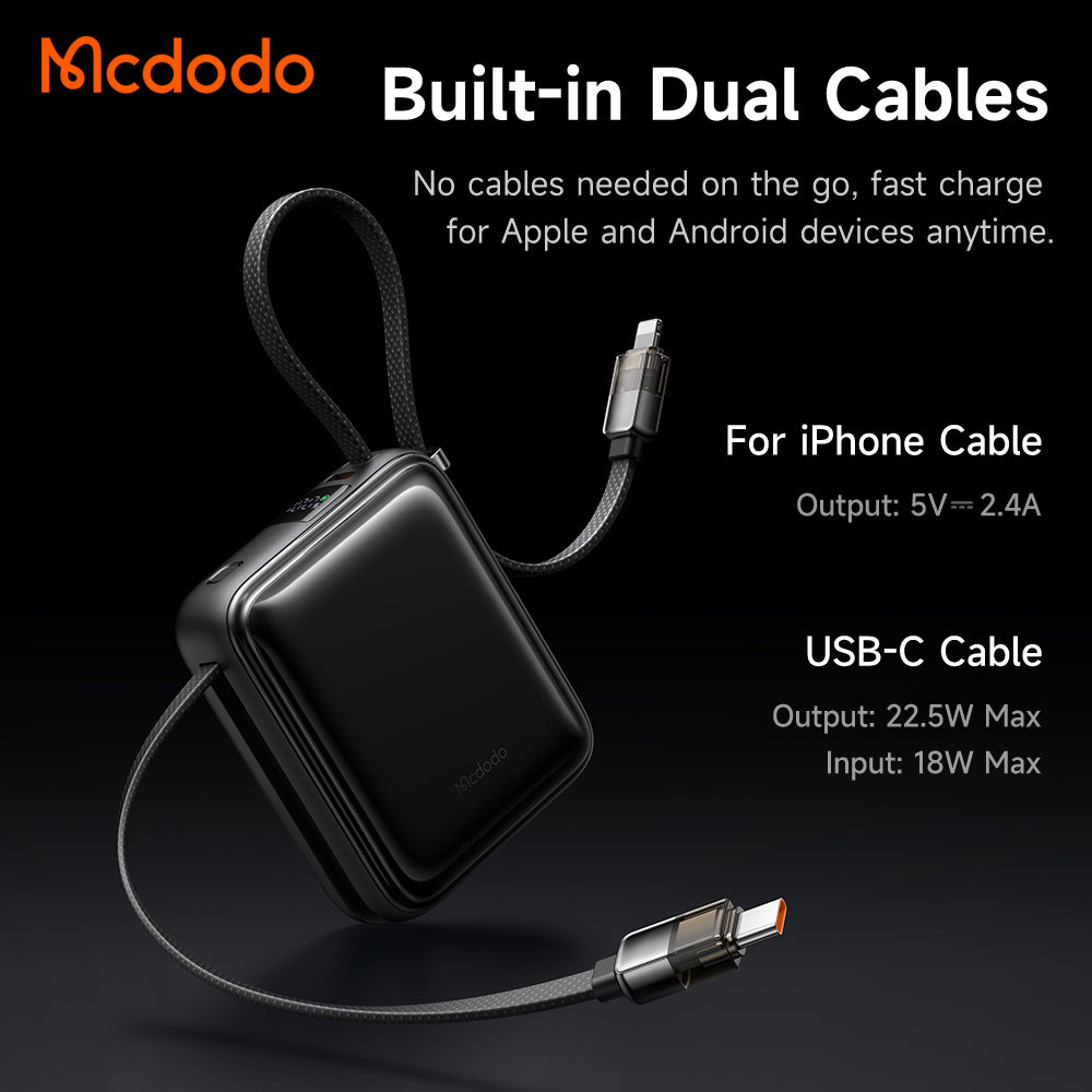 Mcdodo 22.5W Digital Display 10000mAh Mini Power Bank Built-in Cables(USB-C+Lightning)