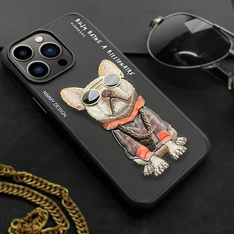NIMMY Adorable Big Eye Animal Embroidery PU Leather Case For iPhone 15 Series