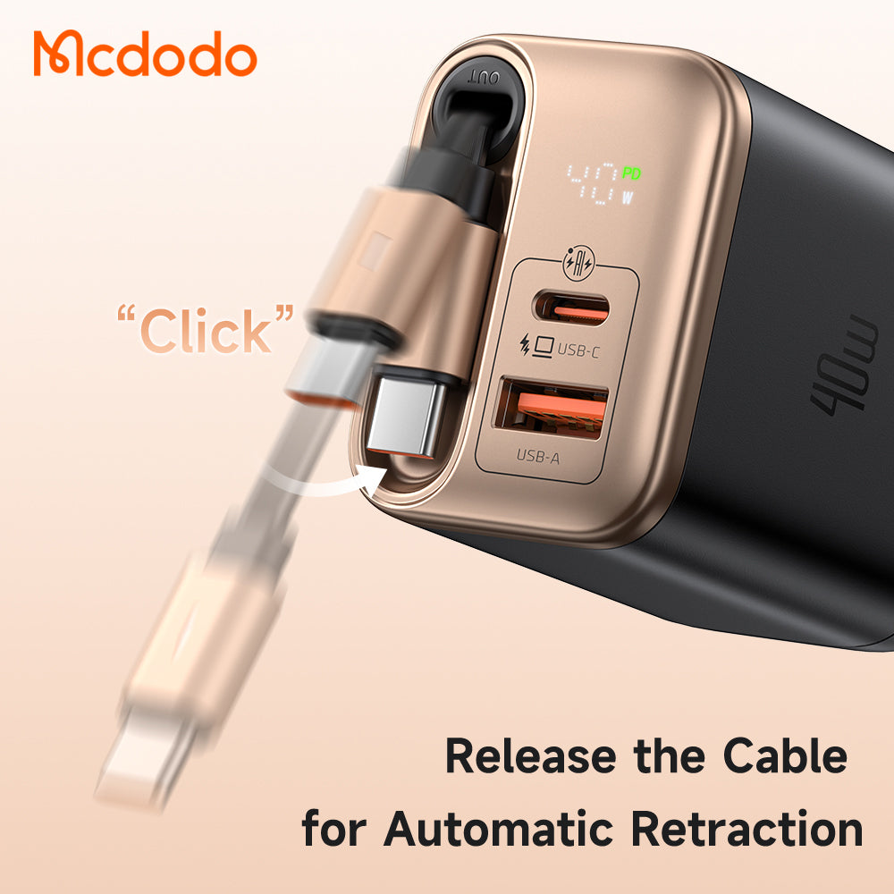Mcdodo 40W 1C+1A Digital Display GaN Charger Built-in 65cm retractable USB-C Cable(EU)