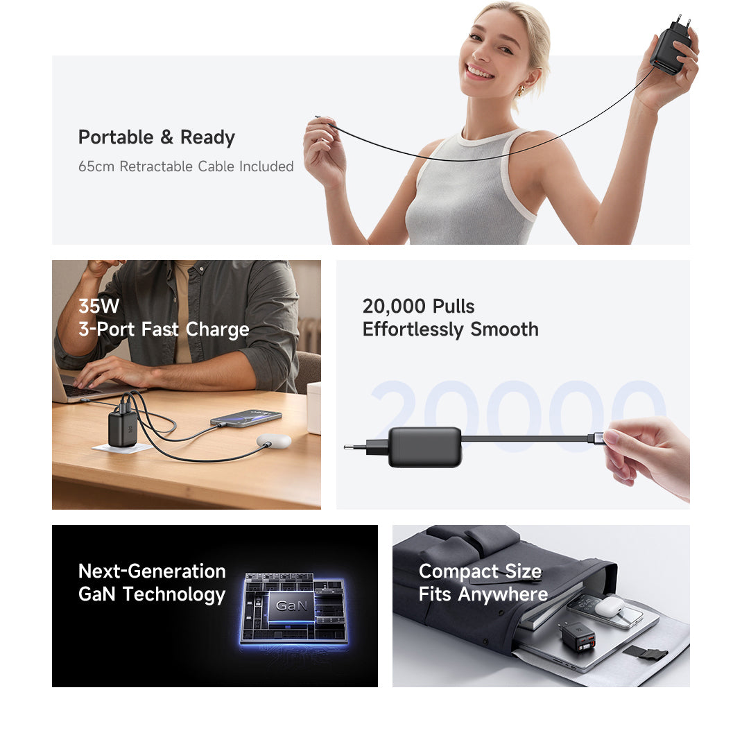 Mcdodo 35W 1C+1A GaN Charger Built-in 65cm retractable USB-C Cable(EU)