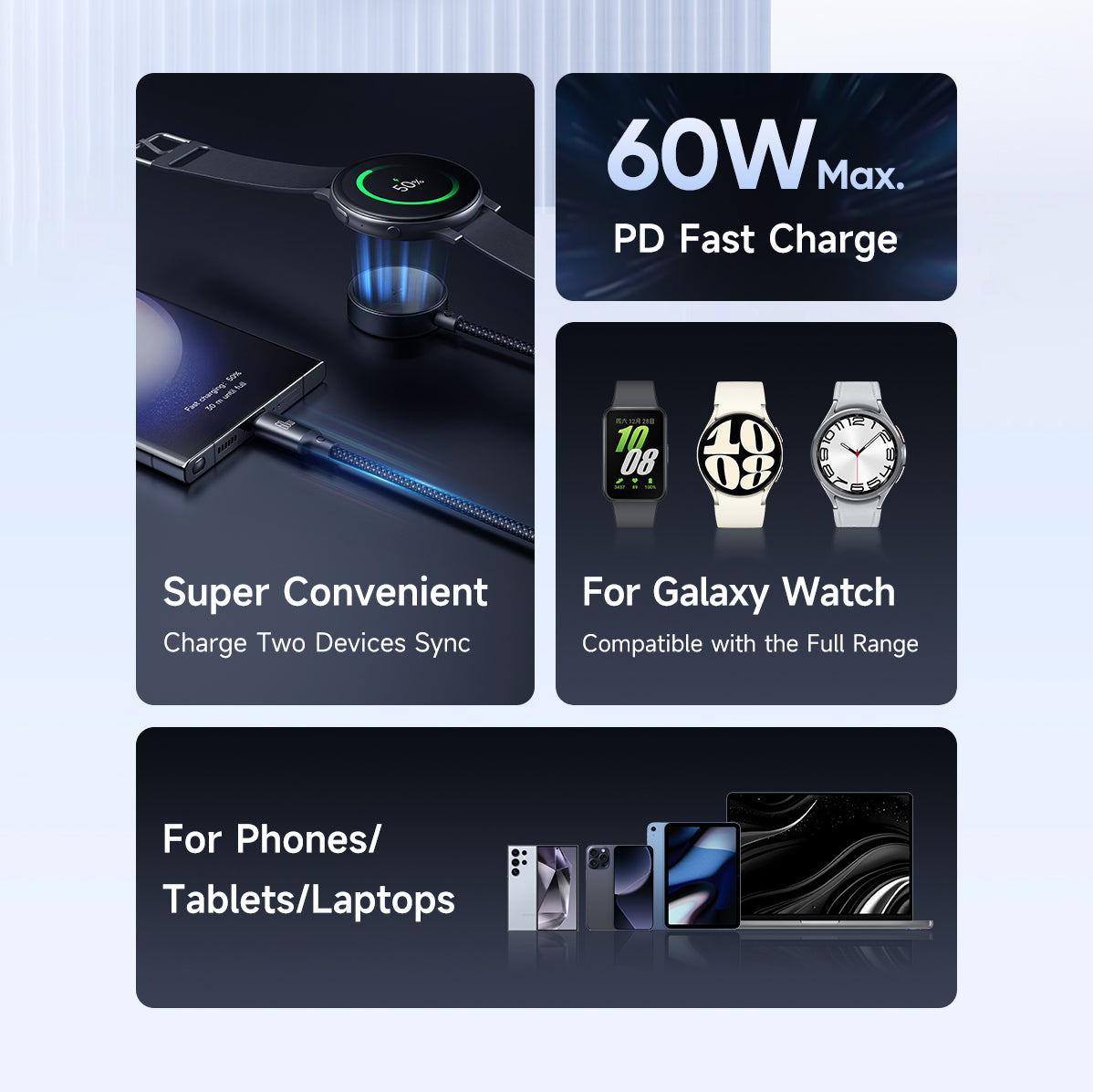 Mcdodo 2 in 1 60W USB-C to USB-C+ Wireless Charger for Samsung Watch Cable 1.2m