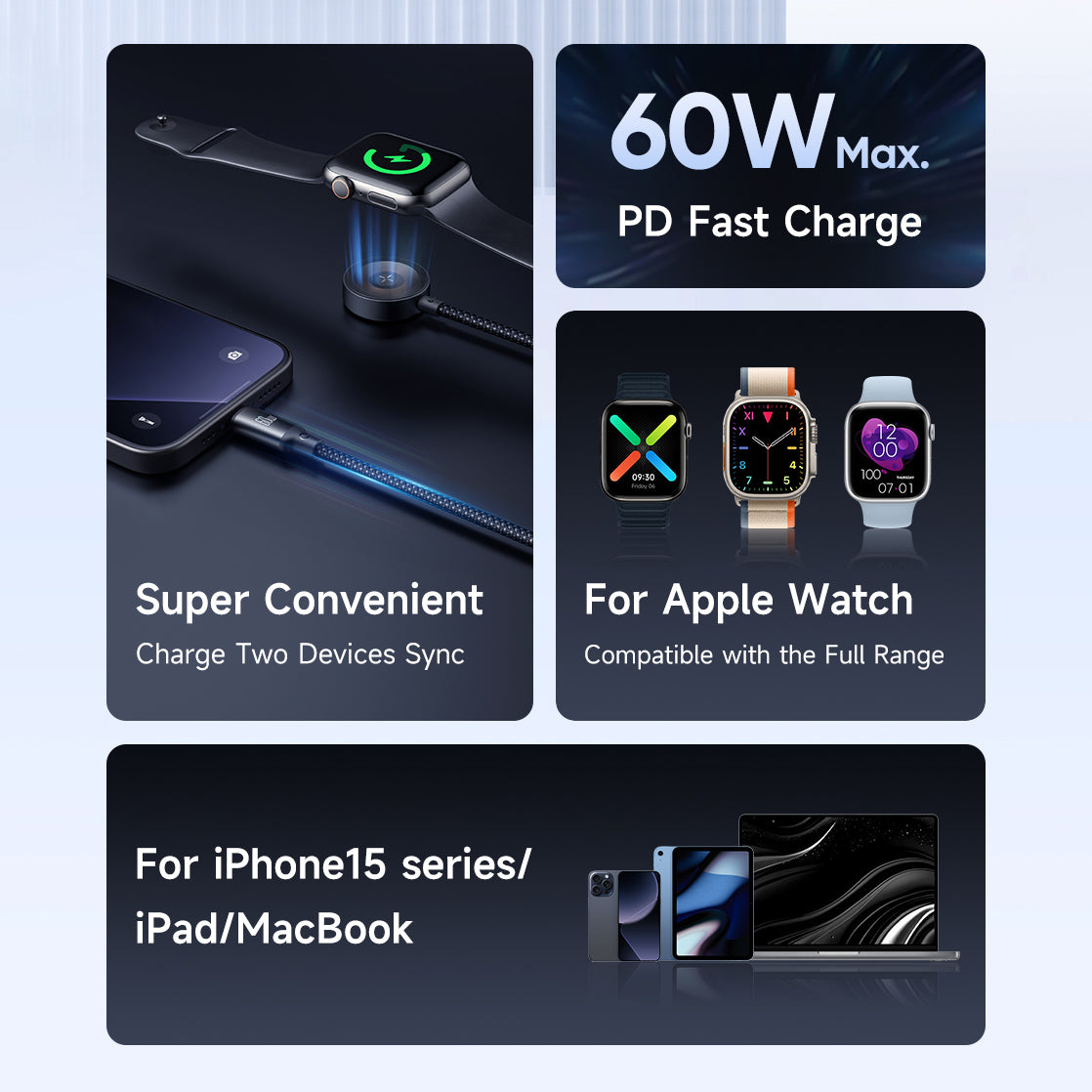Mcdodo 2 in1 60W USB-C to USB-C+ Wireless Charger for Apple Watch Cable 1.2m