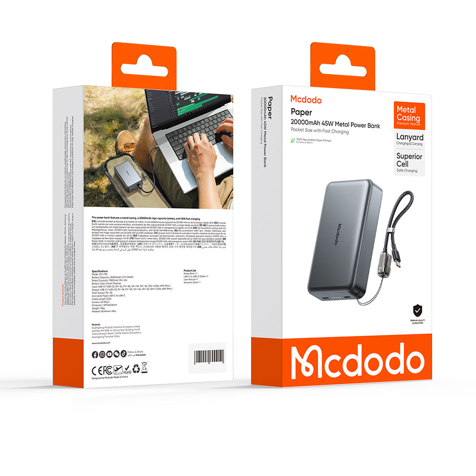 Mcdodo 20000mAh 45W Metal Power Bank Pocket Size with Fast Charging