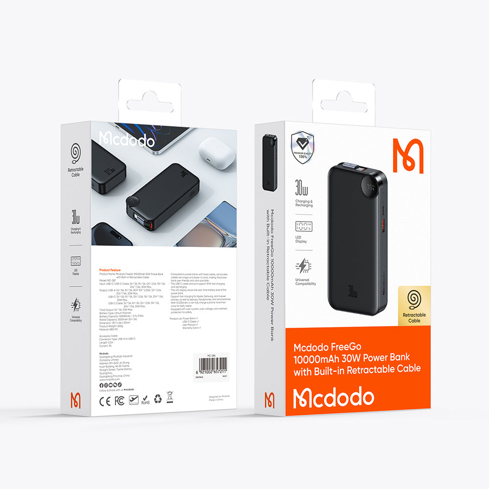 Mcdodo 30W Built-in Retractable Cable Digital Display 10000mAh Power Bank