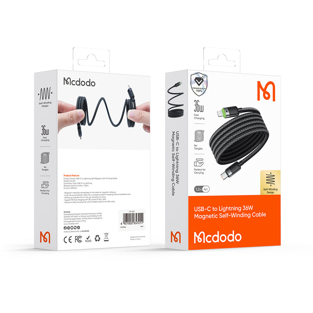 Mcdodo USB-C to Lightning 36W Magnetic Self-Winding Data Cable 1.2m
