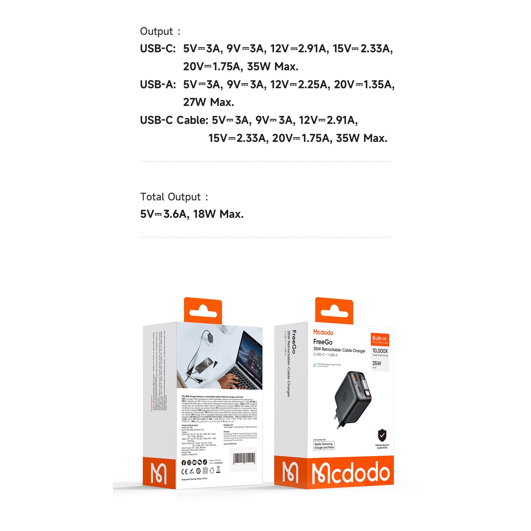 Mcdodo 35W 1C+1A GaN Charger Built-in 65cm retractable USB-C Cable(EU)