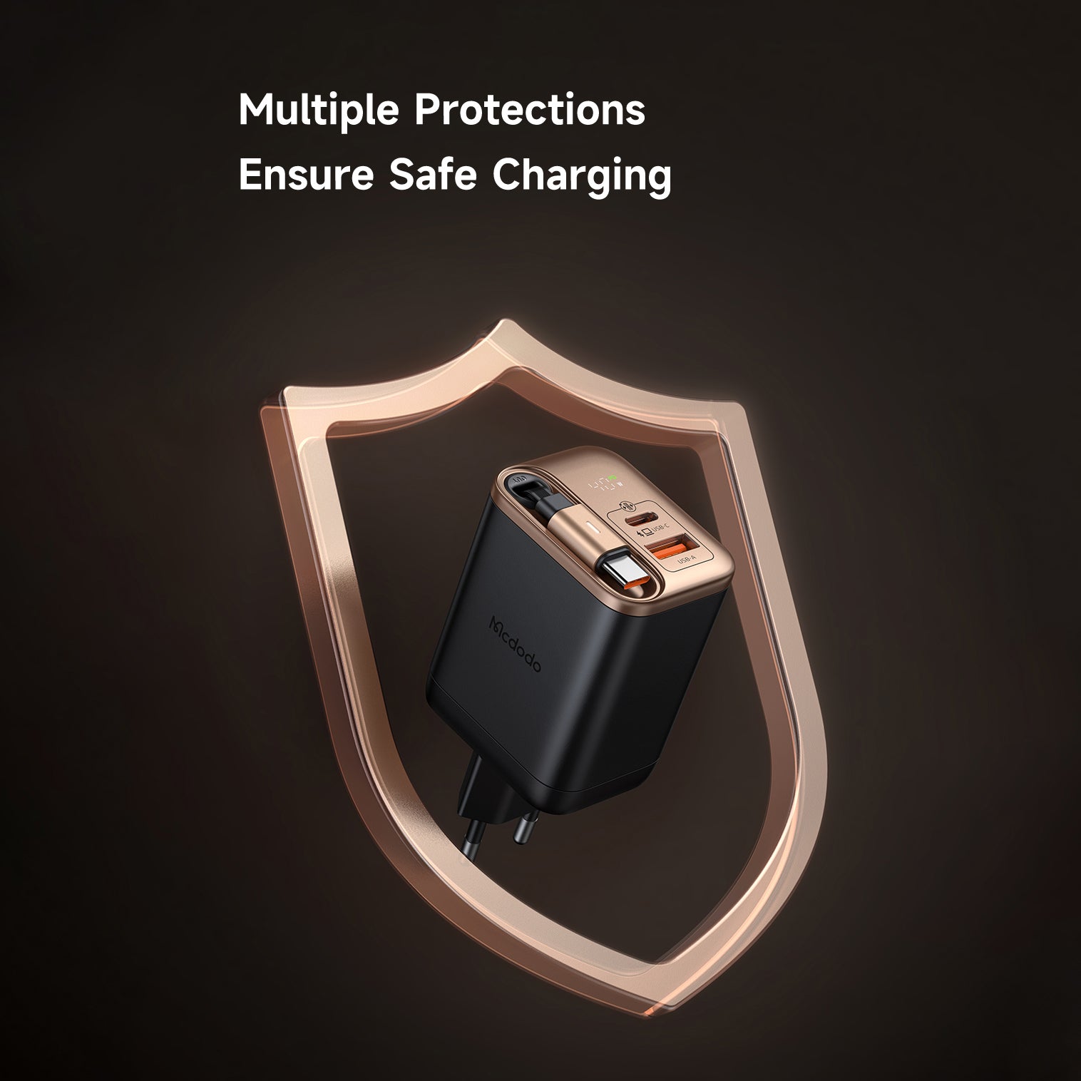 Mcdodo 40W 1C+1A Digital Display GaN Charger Built-in 65cm retractable USB-C Cable(EU)