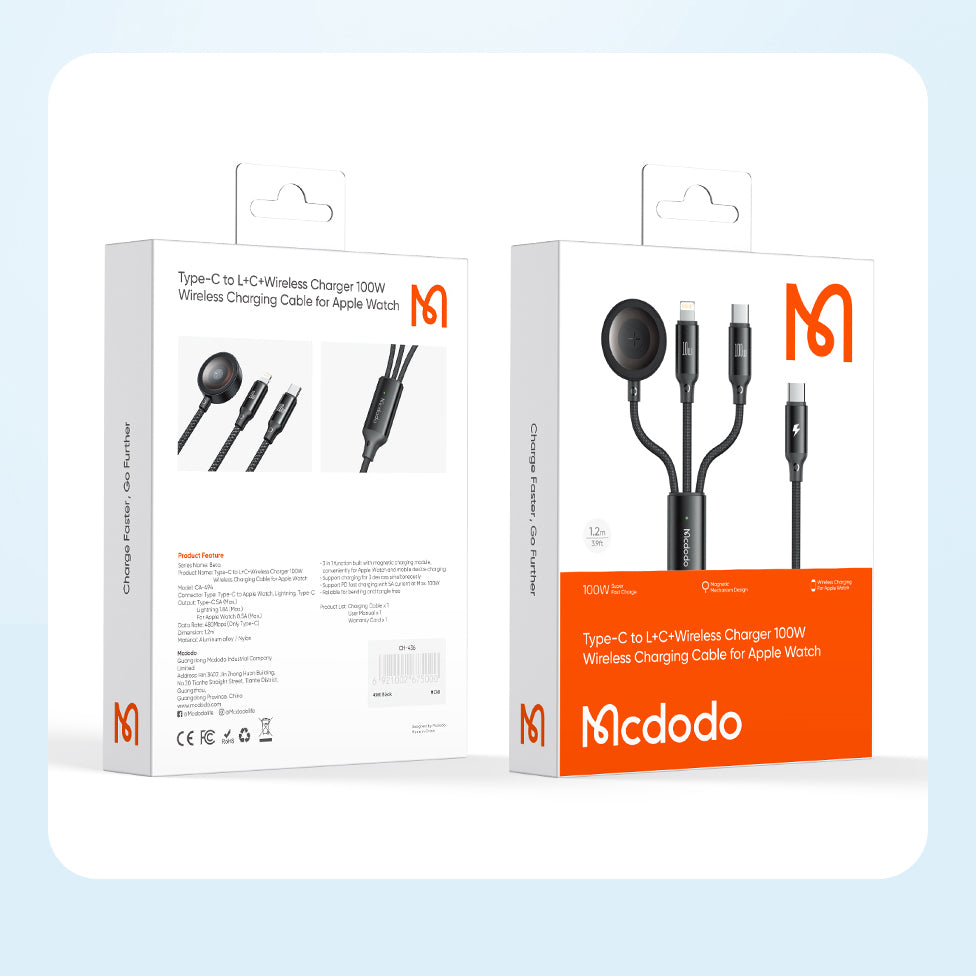 Mcdodo 3 in1 100W USB-C to Type-C and Lightning+ Wireless Charger for Apple Watch Cable 1.2m