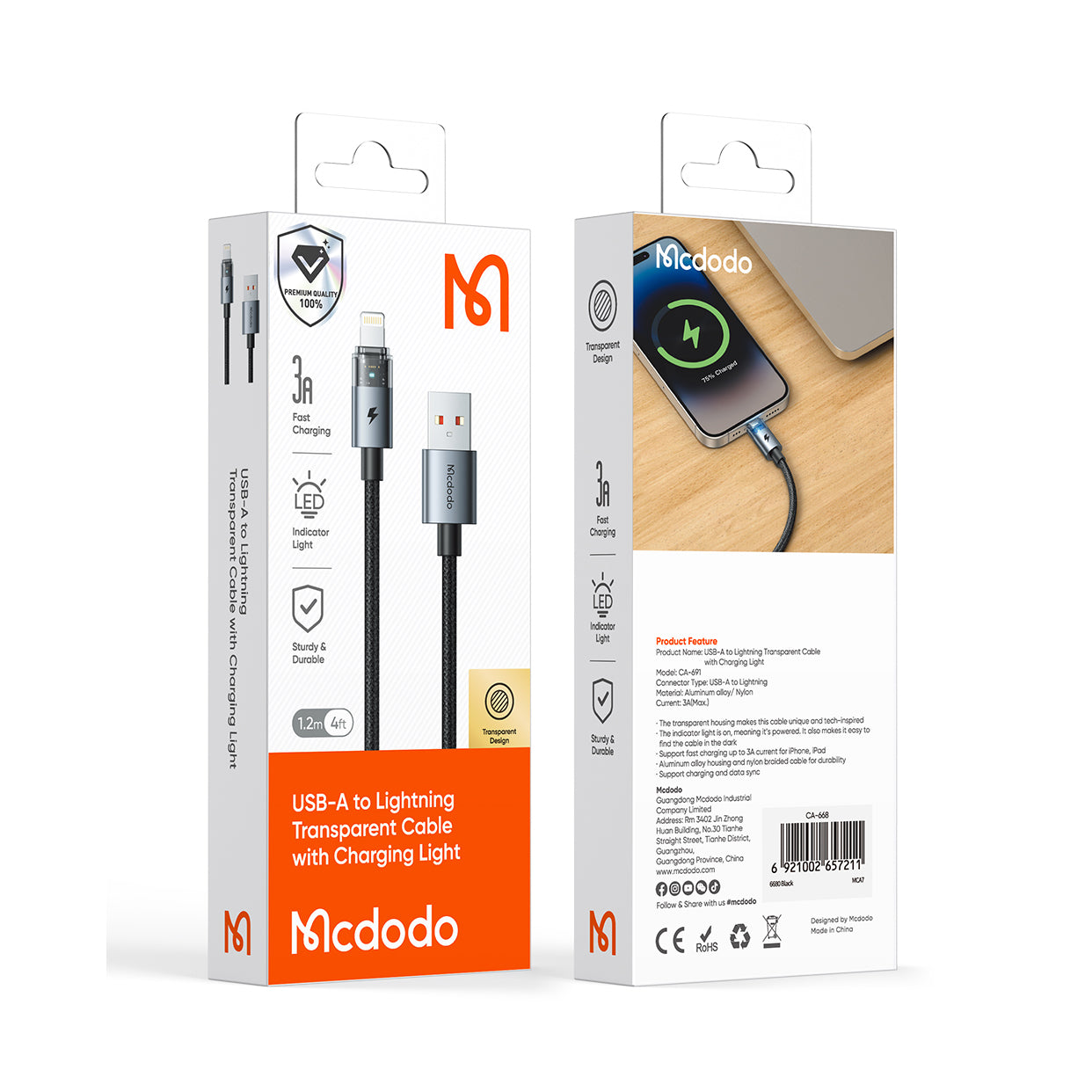 Mcdodo Lightning Transparent Cable with Charging Light 1.2m