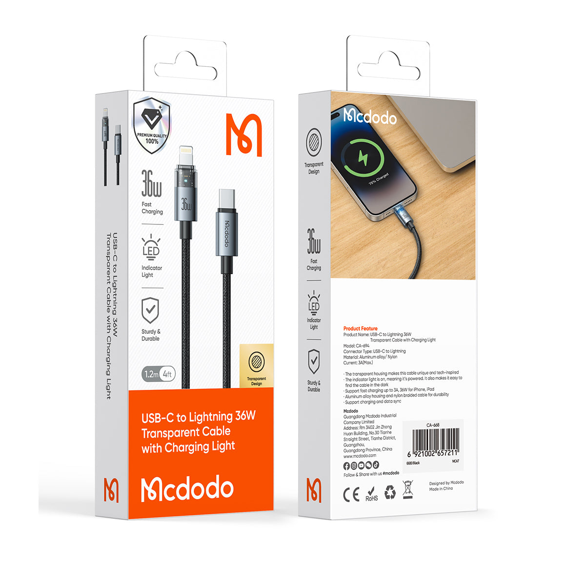 Mcdodo 36W USB-C to Lightning Transparent Cable with Charging Light 1.2m