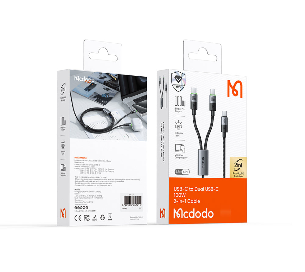 Mcdodo 2 in 1 100W USB-C to Dual USB-C Cable with LED 1.5m