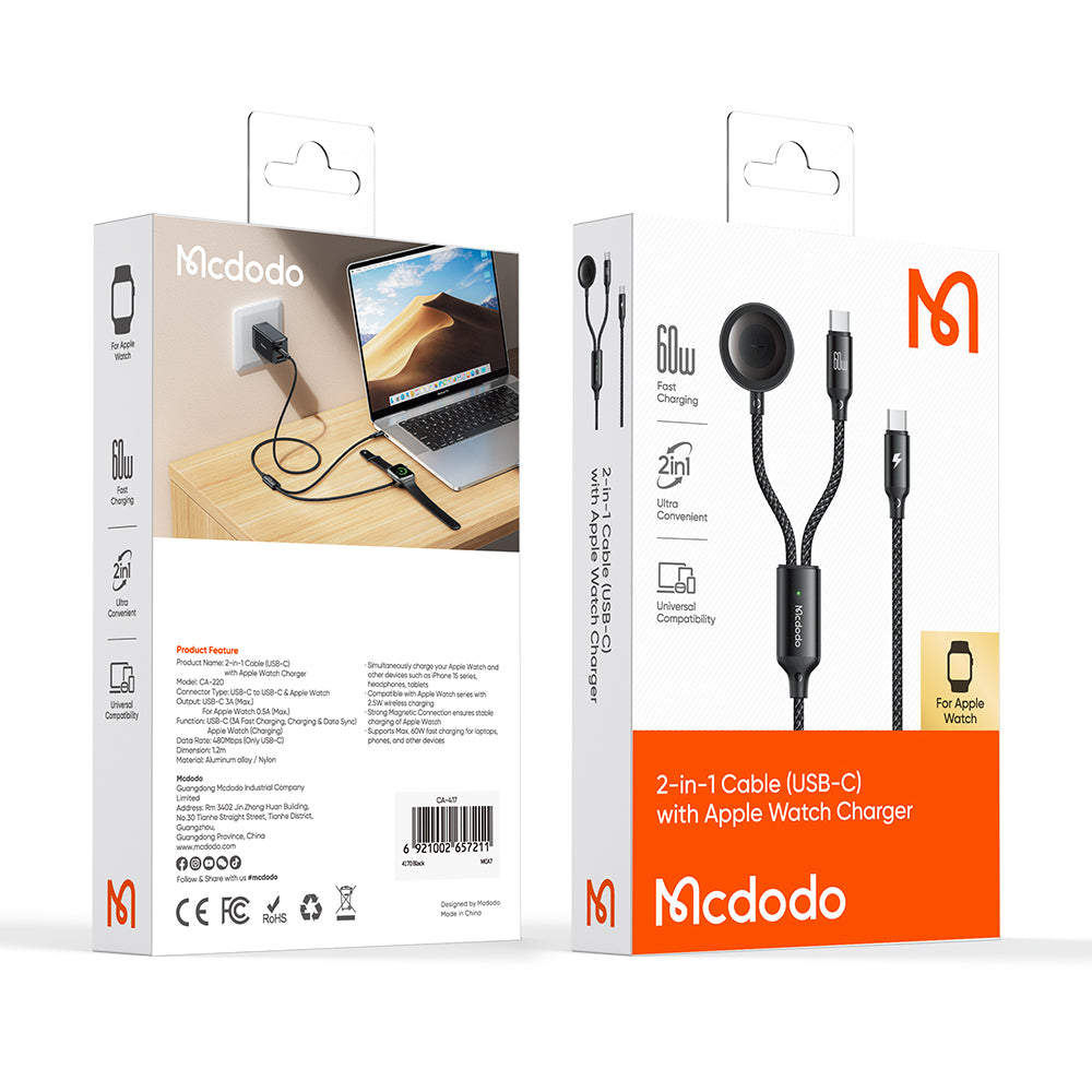 Mcdodo 2 in1 60W USB-C to USB-C+ Wireless Charger for Apple Watch Cable 1.2m