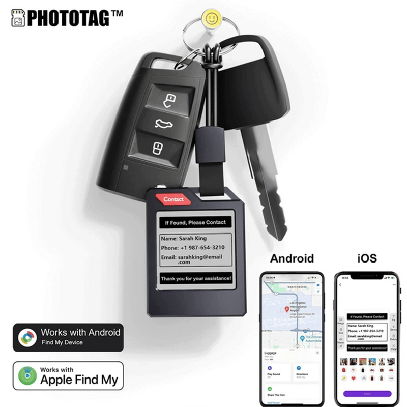 PhotoTag Smart Air Tracker Tags Finder for Android & iOS (Apple Find My & Google Find My Device), Bluetooth Locator for Luggage, Keys, Wallet. Personalized E-Ink Display, Tech Gift