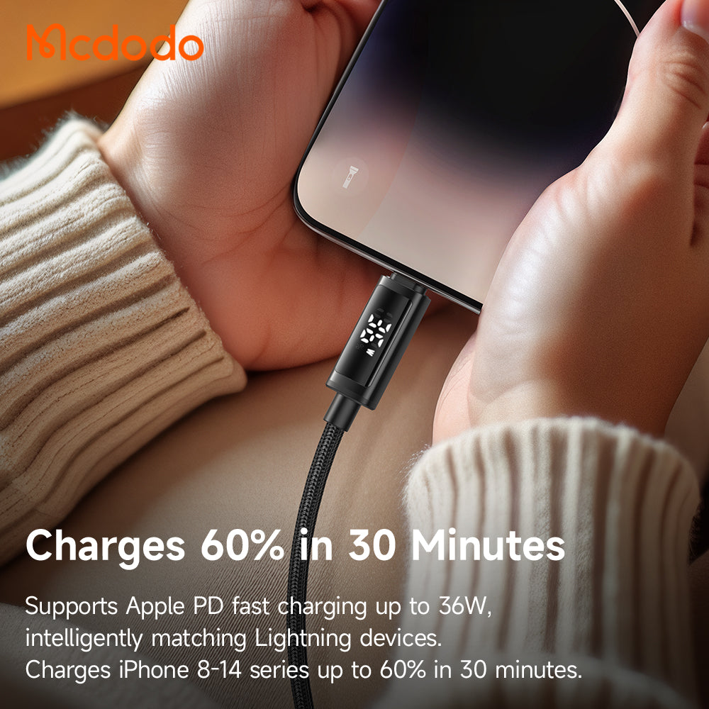 Mcdodo Dual LED Displays 36W USB-C to Lightning Cable 1.2m (Power Display&Battery Level Display for iPhone/iPad switching every 3 seconds)