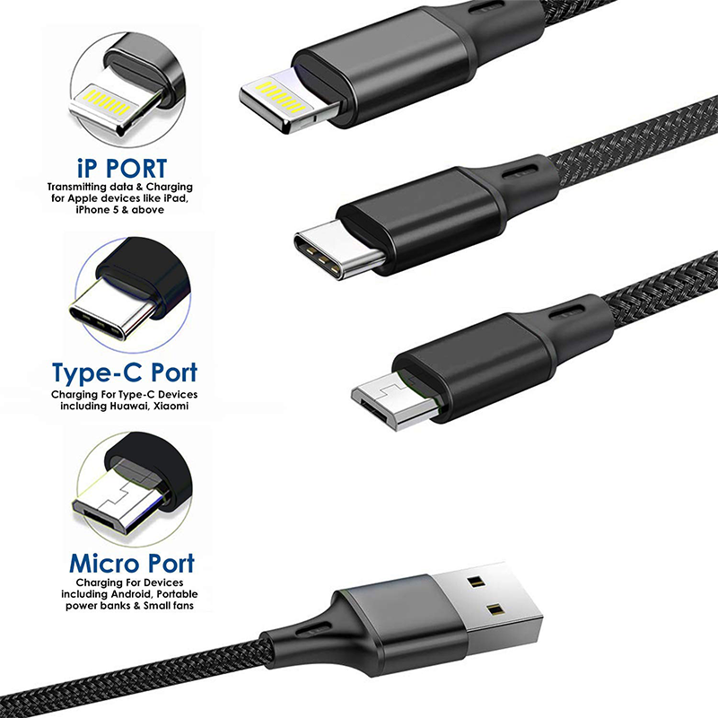 3 in 1 Charging Cable Fast Charging 3a for Android and iOS Devices