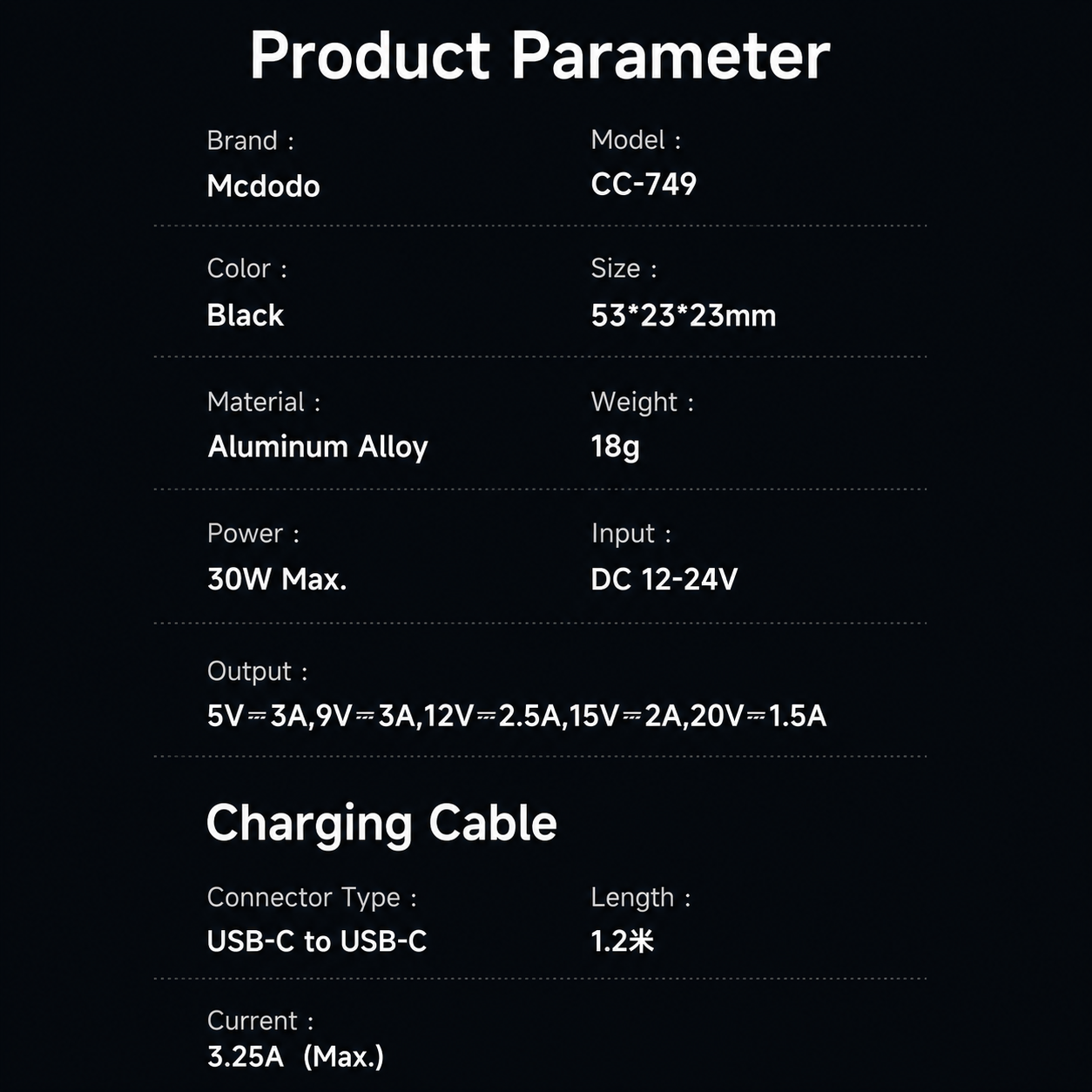 Mcdodo 30W 1C PD Fast Car Charger+ USB-C to USB-C Cable 1.2m