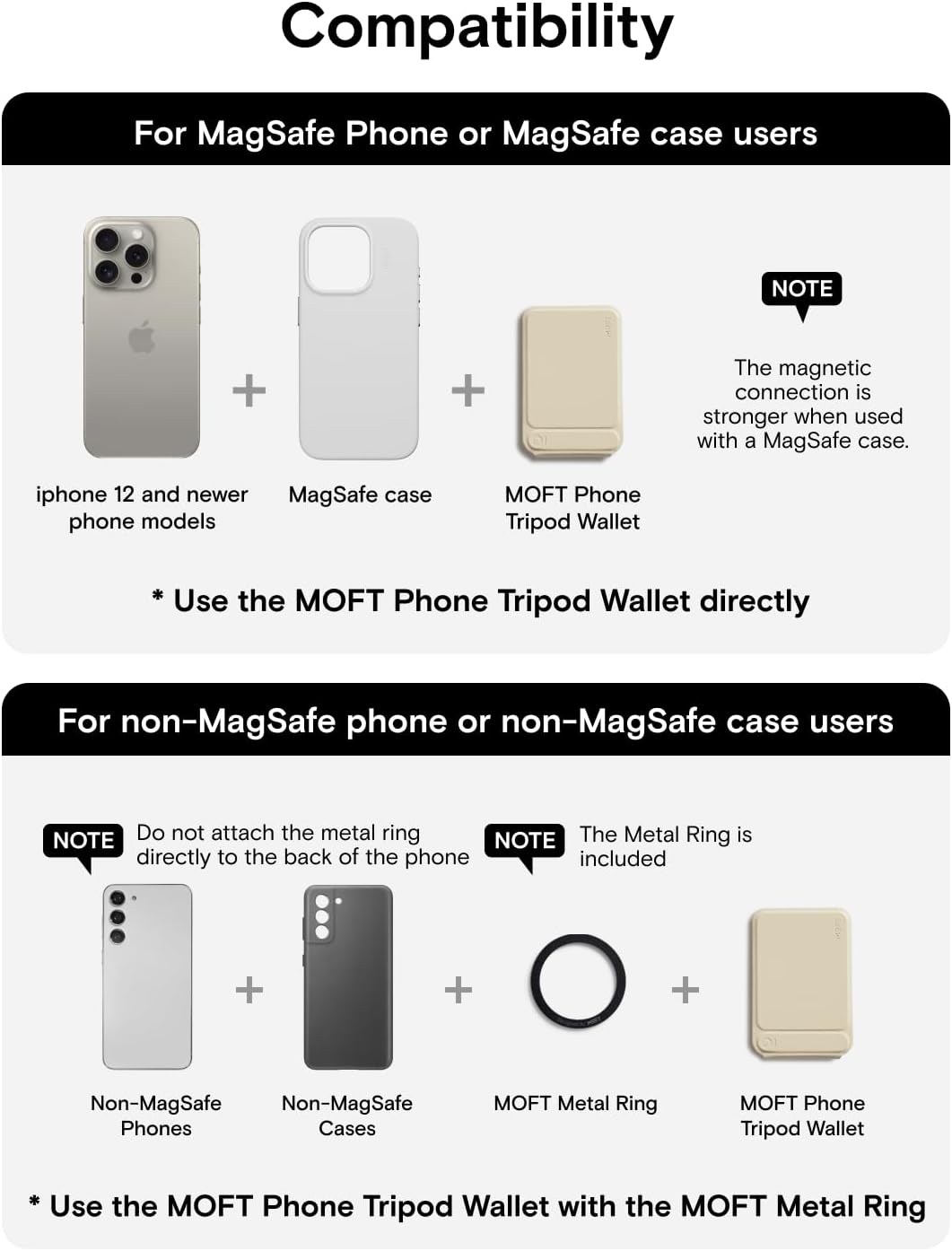 Moft Tripod Stand & Wallet-Compatible Models: iPhone 12/13/14/15/16/17 series (Plus/Pro/Pro Max) and MagSafe-compatible cases. Works with non-MagSafe phones using the included metal ring.