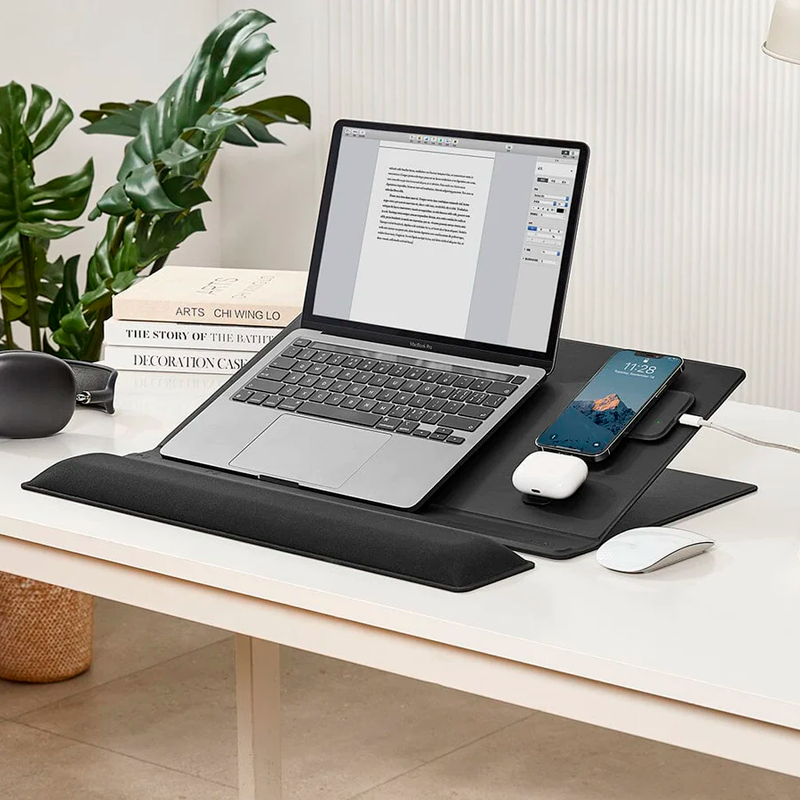 MOFT Smart Desk - Desk Mat with Wrist Rest + Magsafe Wireless Charger and Magsafe Sticker + Memo and Book Holder + Cable Organiser + Tablet Holder