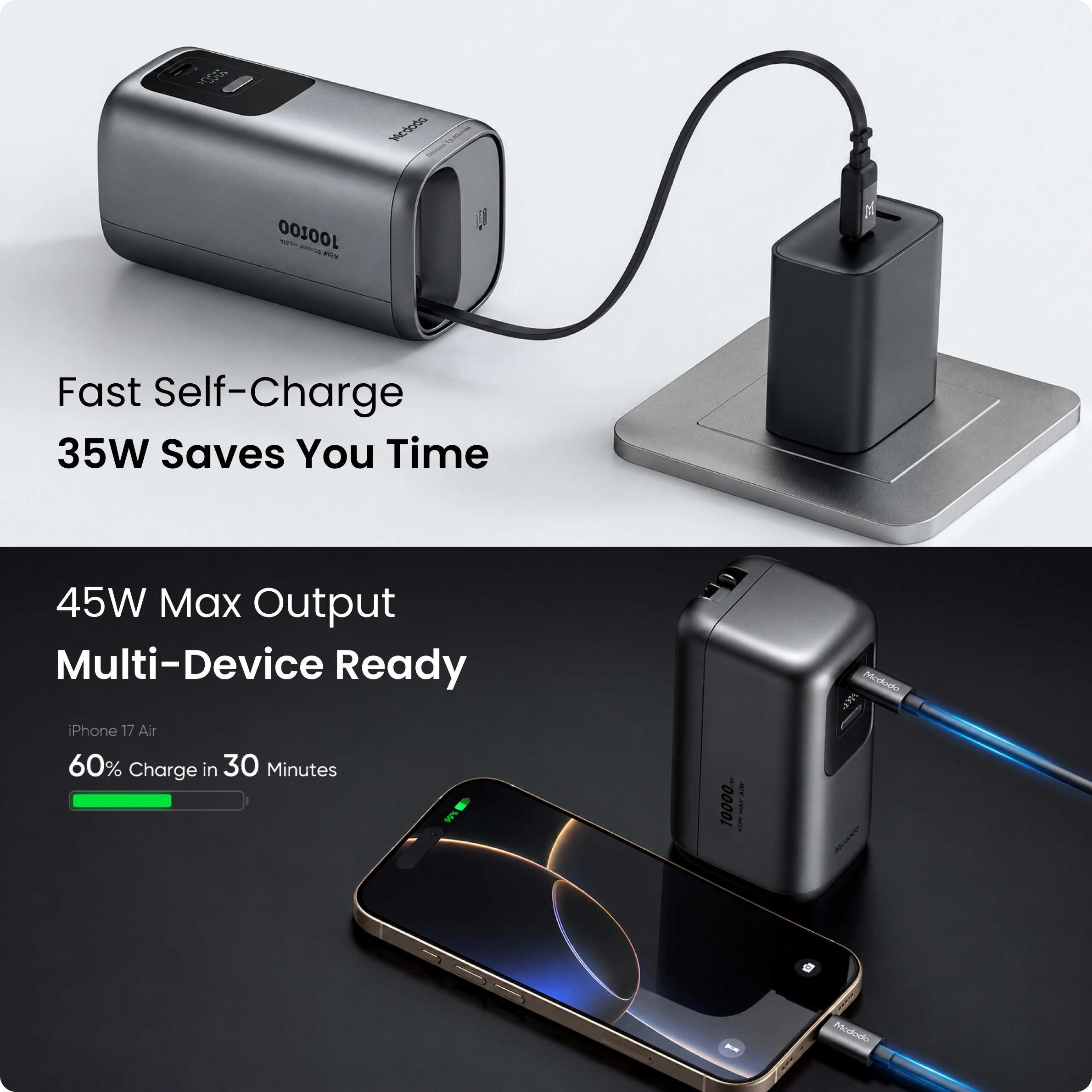 Mcdodo 45W 3-in-1 LED Display 10000 Mah Power Bank with built in International Charger & Retractable Cable