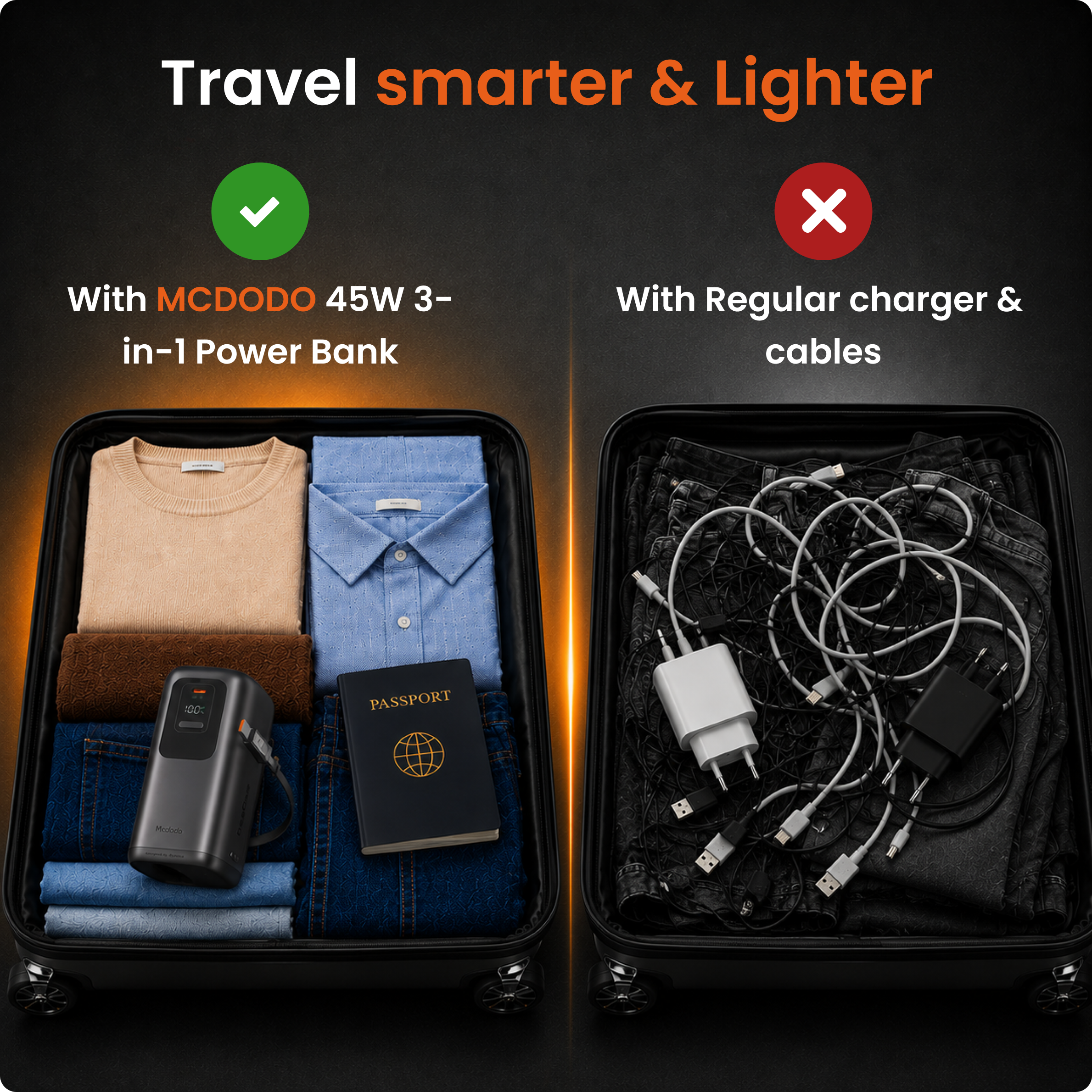 Mcdodo 45W 3-in-1 LED Display 10000 Mah Power Bank with built in International Charger & Retractable Cable
