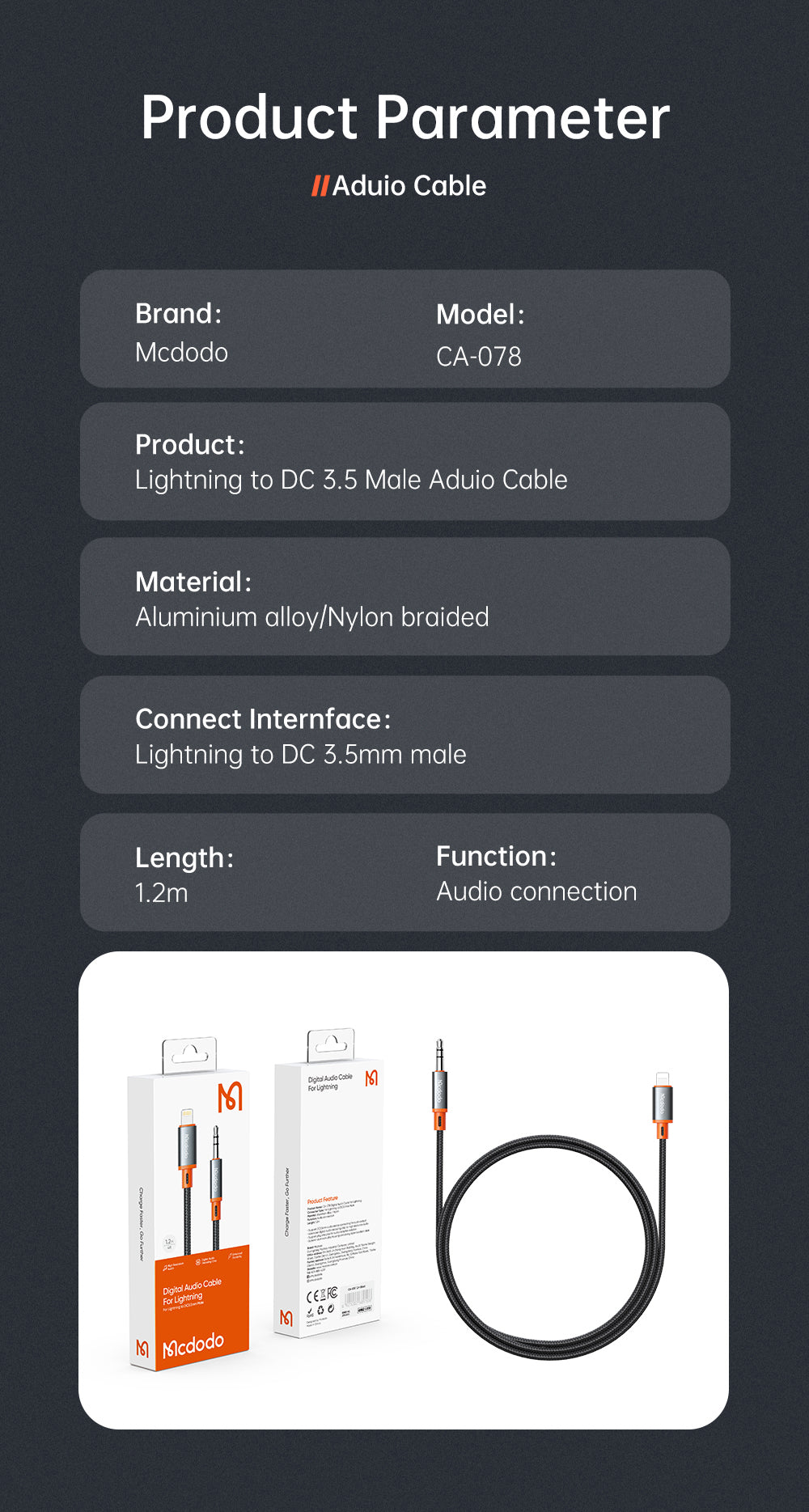 Mcdodo Lightning to DC3.5 Male Cable 1.2m
