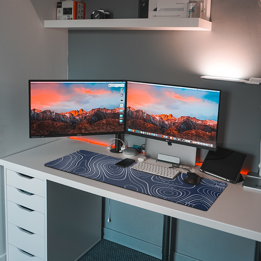 Navy Blue Topography Desk Mat and Gaming Mouse Pad