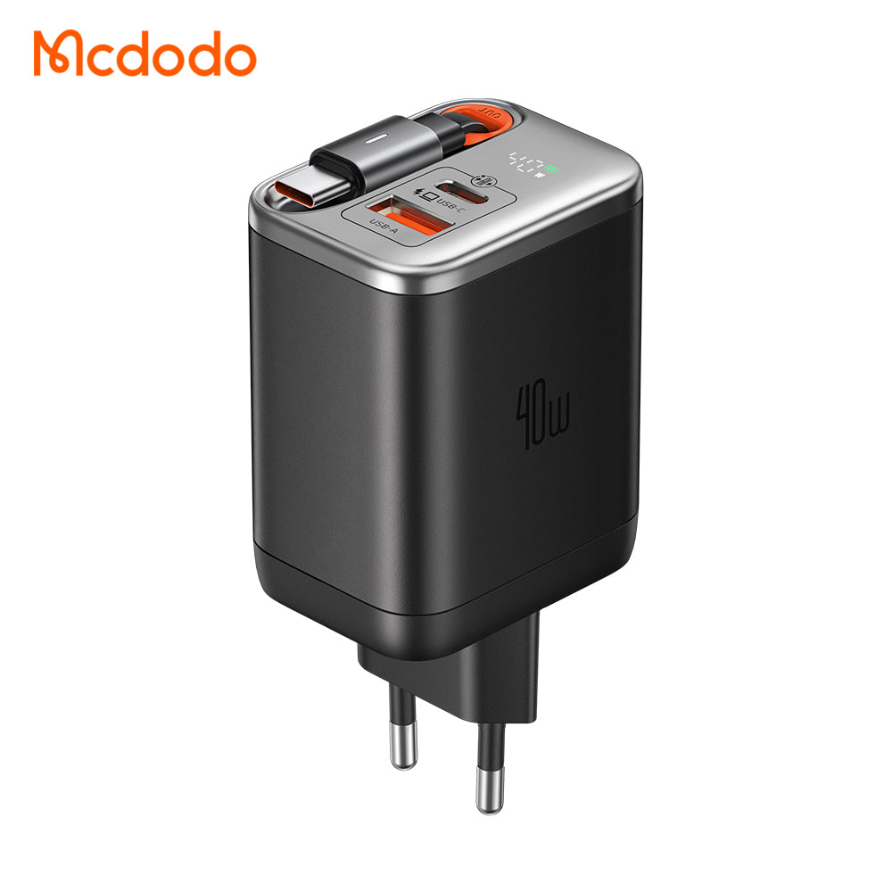Mcdodo 40W 1C+1A Digital Display GaN Charger Built-in 65cm retractable USB-C Cable(EU)