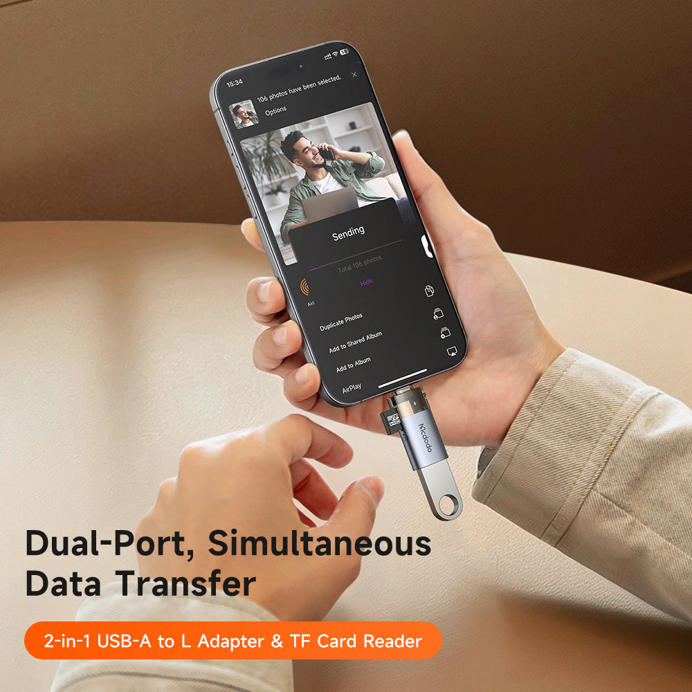 Mcdodo 2-in-1 USB-A to Lightning Transfer Adapter Built-in TF Card Reader with Lanyard
