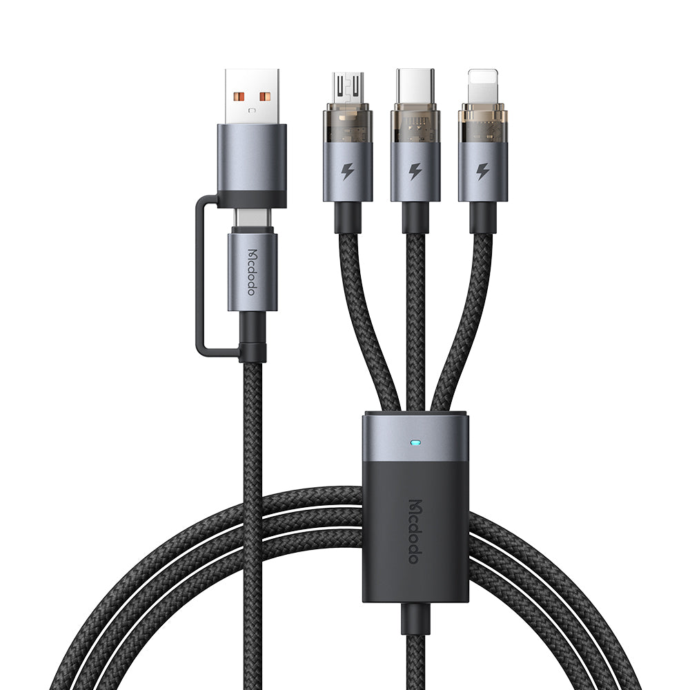 Medodo 2 in 3 100W USB-A/C to Lightning+Micro+USB-C Transparent Cable with Charging Light 1.2m