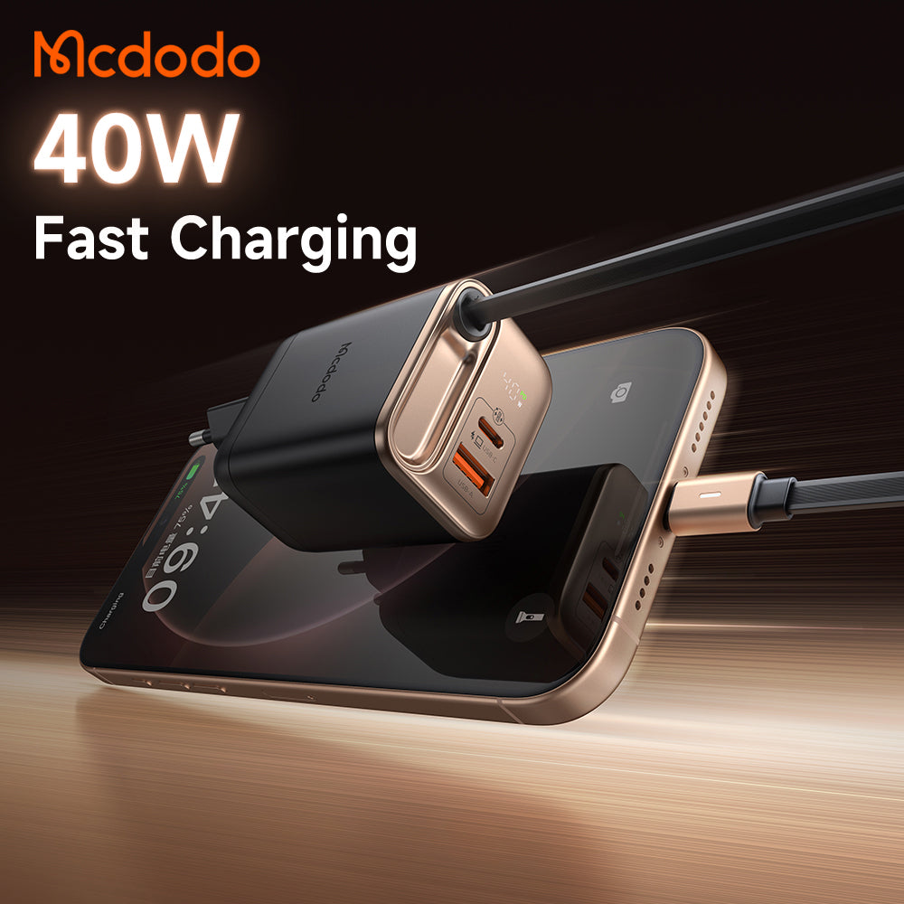 Mcdodo 40W 1C+1A Digital Display GaN Charger Built-in 65cm retractable USB-C Cable(EU)