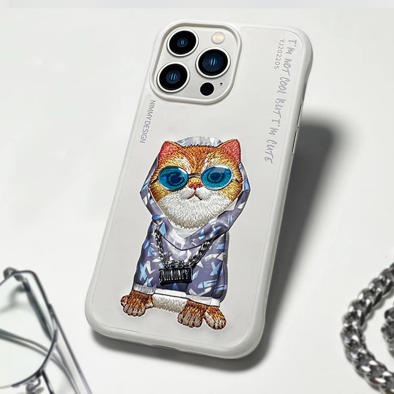 NIMMY Adorable Big Eye Animal  Embroidery PU Leather Case For iPhone 15 Series