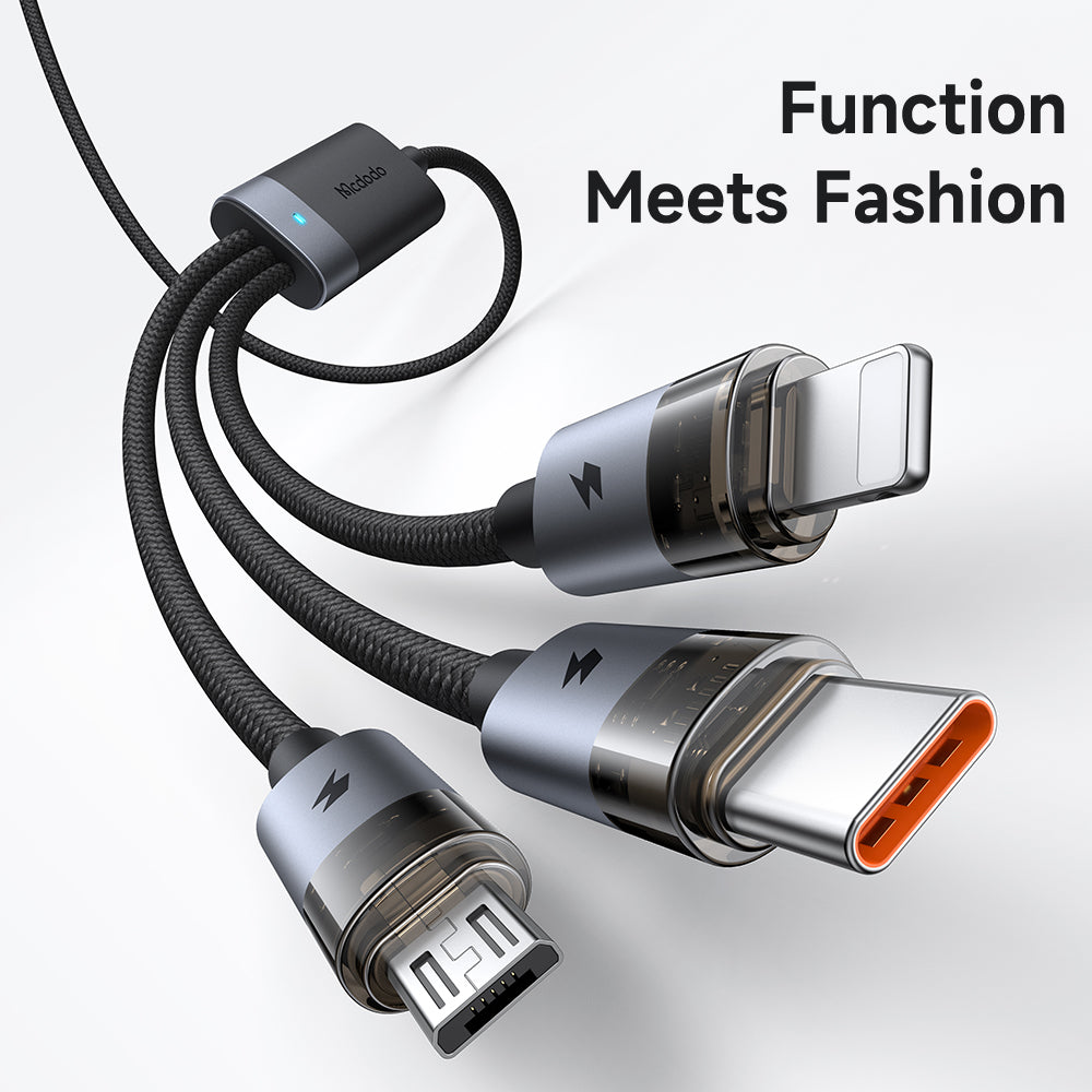 Medodo 2 in 3 100W USB-A/C to Lightning+Micro+USB-C Transparent Cable with Charging Light 1.2m
