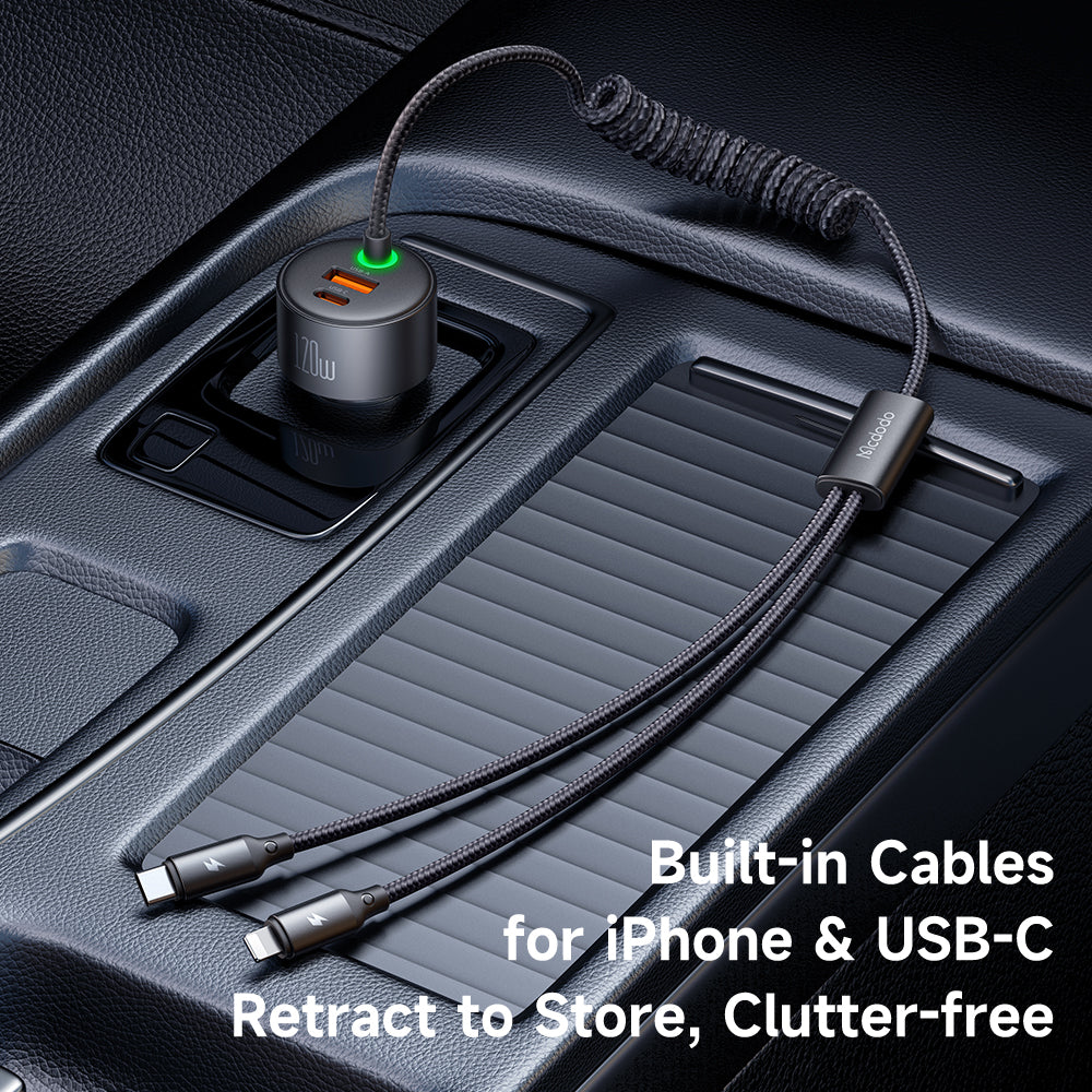 Mcdodo 120W 1C+1A Car Charger with USB-C and Lighting retractable cables