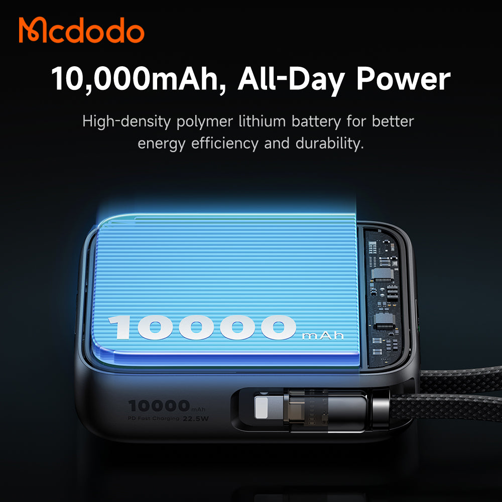 Mcdodo 22.5W Digital Display 10000mAh Mini Power Bank Built-in Cables(USB-C+Lightning)