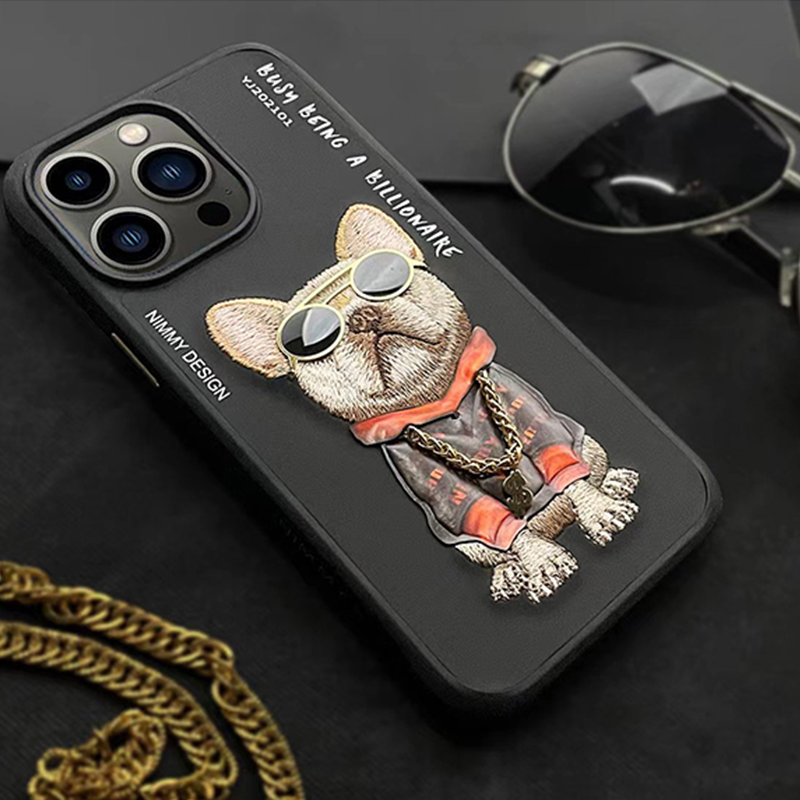 NIMMY Adorable Big Eye Animal  Embroidery PU Leather Case For iPhone 15 Series