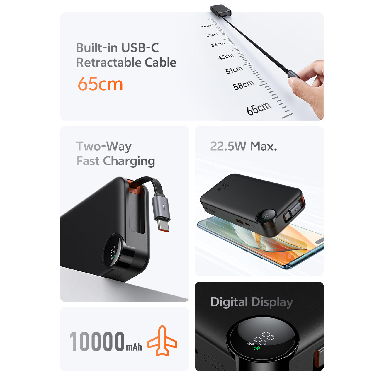 Mcdodo 22.5W Digital Display 10000mAh Power Bank Built-in Retractable Cable