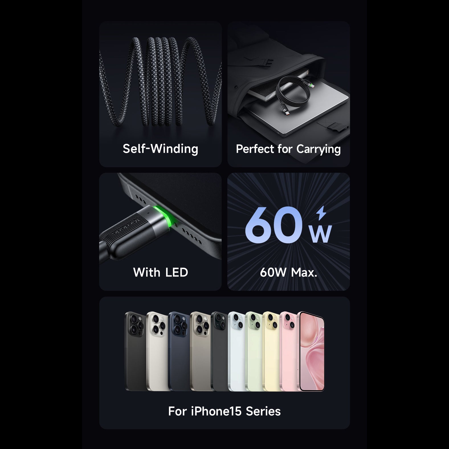 Mcdodo USB-C to USB-C 60W Magnetic Self-Winding Data Cable 1.2m