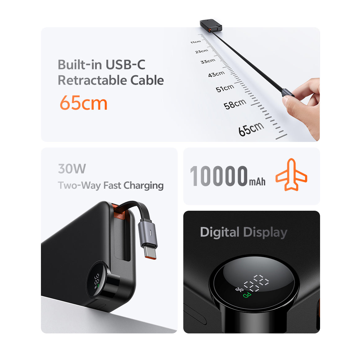 Mcdodo 30W Built-in Retractable Cable Digital Display 10000mAh Power Bank
