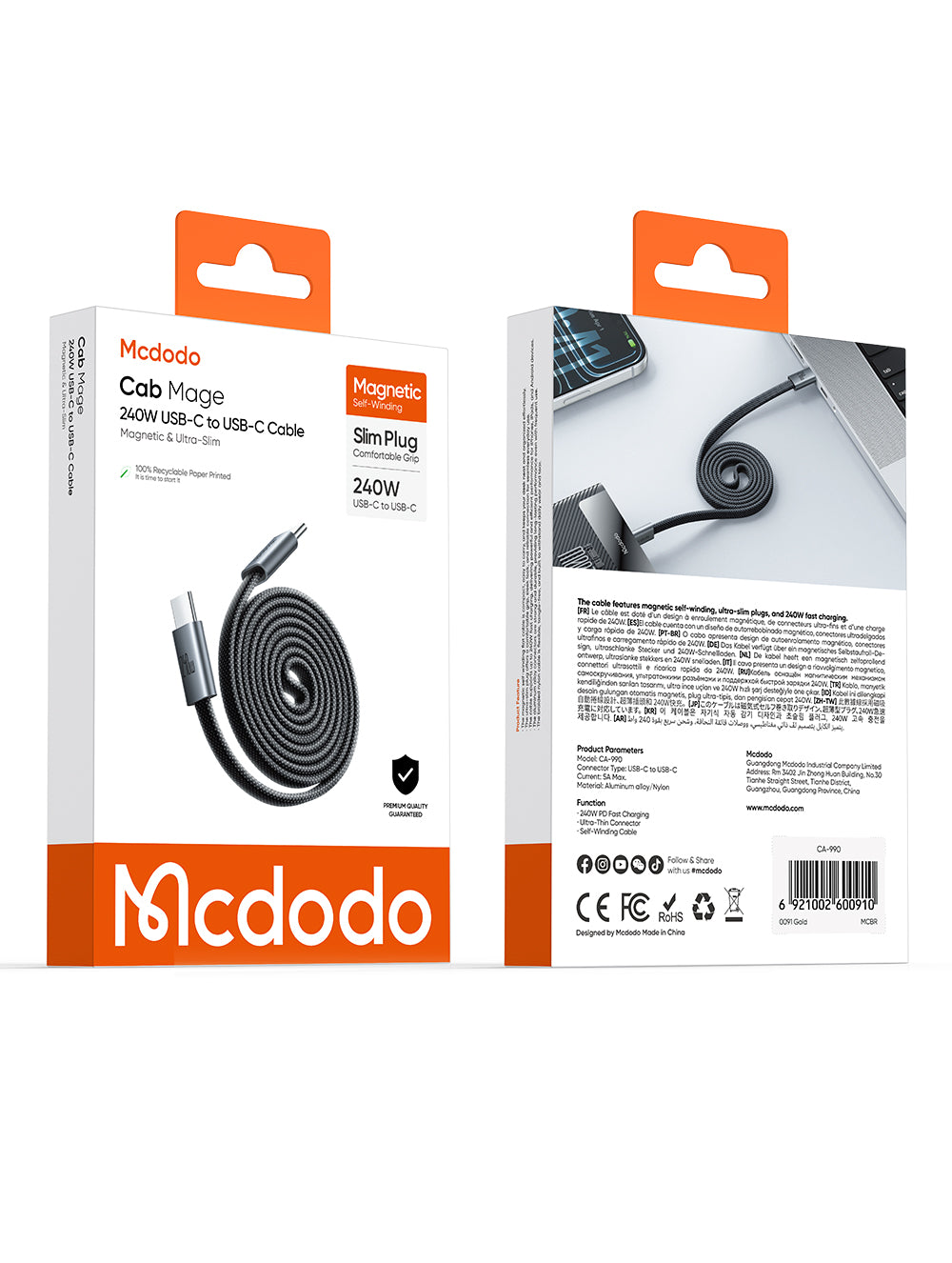 Mcdodo 240W USB-C to USB-C Magnetic Self-Winding Cable 1M