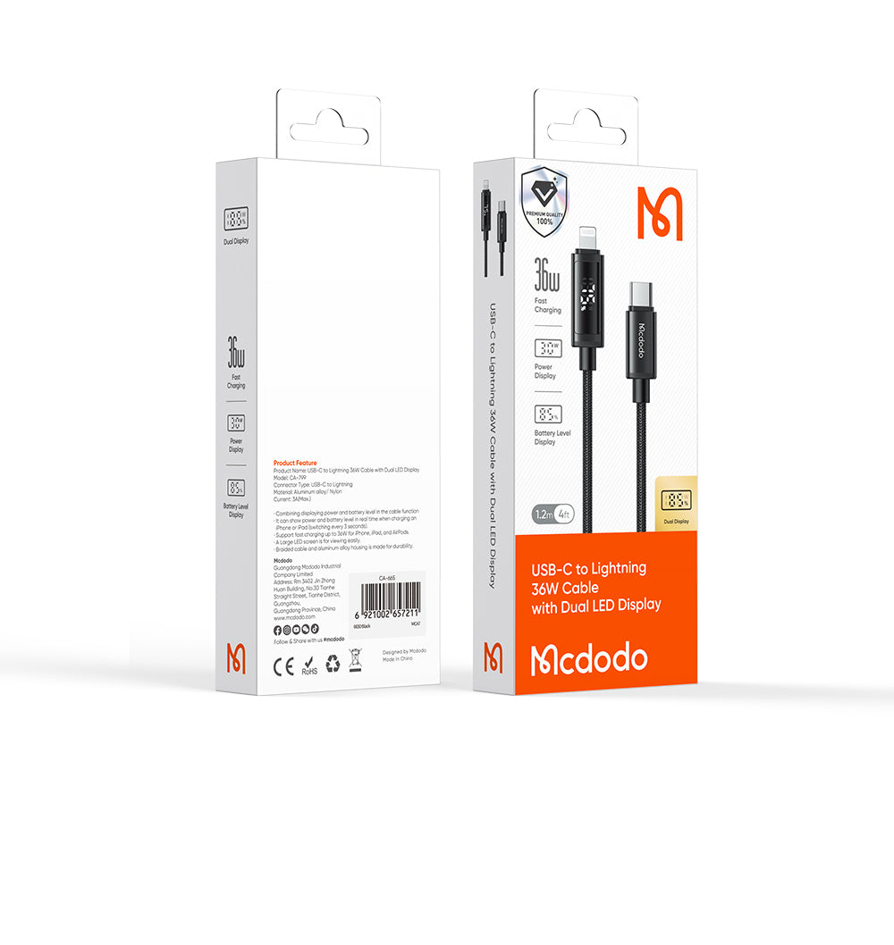 Mcdodo Dual LED Displays 36W USB-C to Lightning Cable 1.2m (Power Display&Battery Level Display for iPhone/iPad switching every 3 seconds)