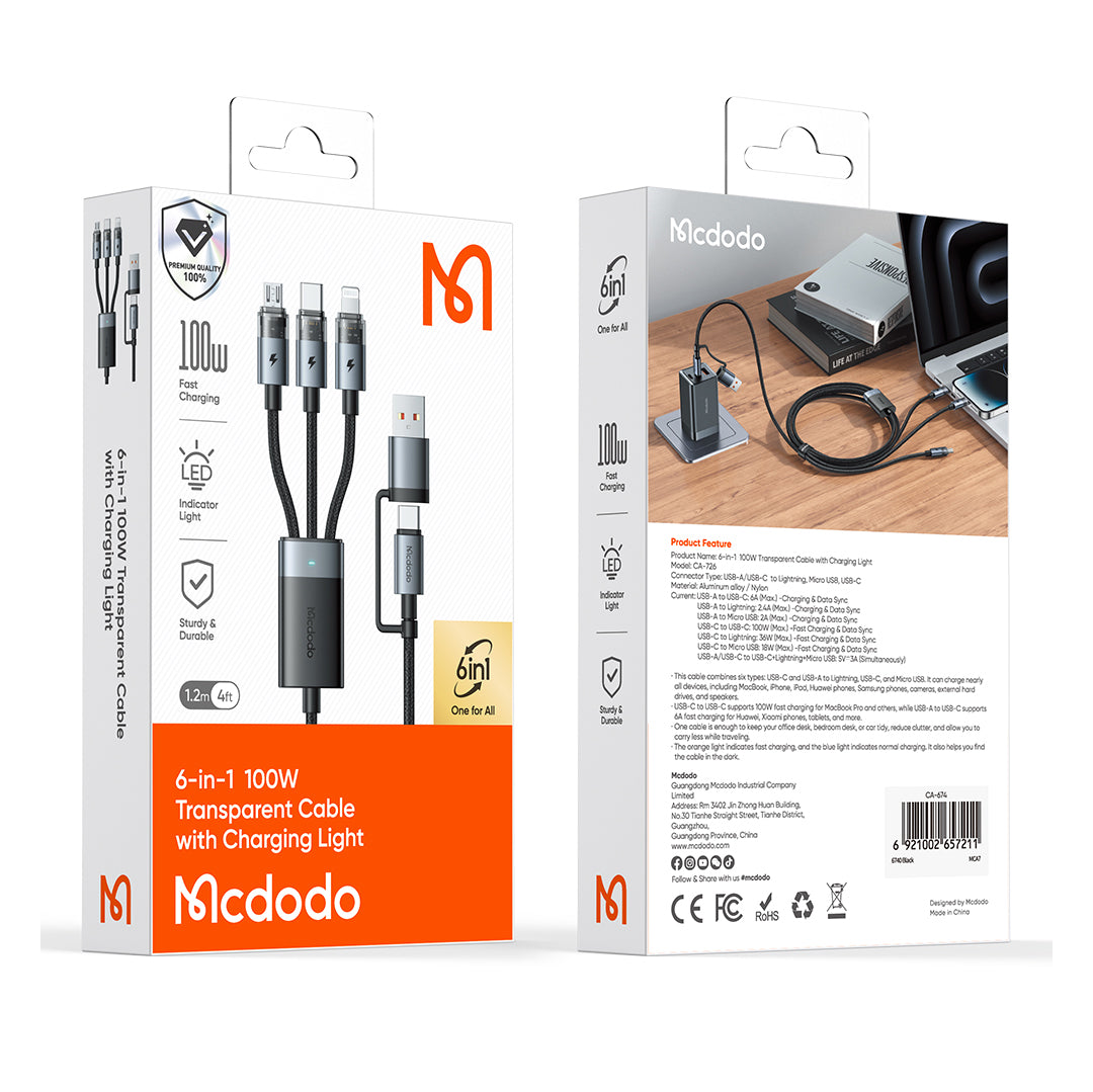 Medodo 2 in 3 100W USB-A/C to Lightning+Micro+USB-C Transparent Cable with Charging Light 1.2m