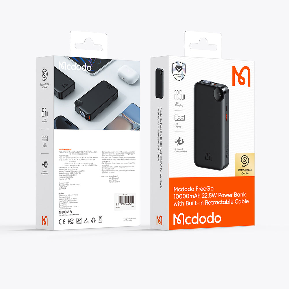 Mcdodo 22.5W Digital Display 10000mAh Power Bank Built-in Retractable Cable