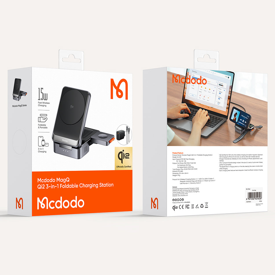 Mcdodo MagQ Qi2 Foldable 3 in 1 Magnetic Wireless Charging Station with 33W charger(EU plug) (Qi2 Officially Certified)