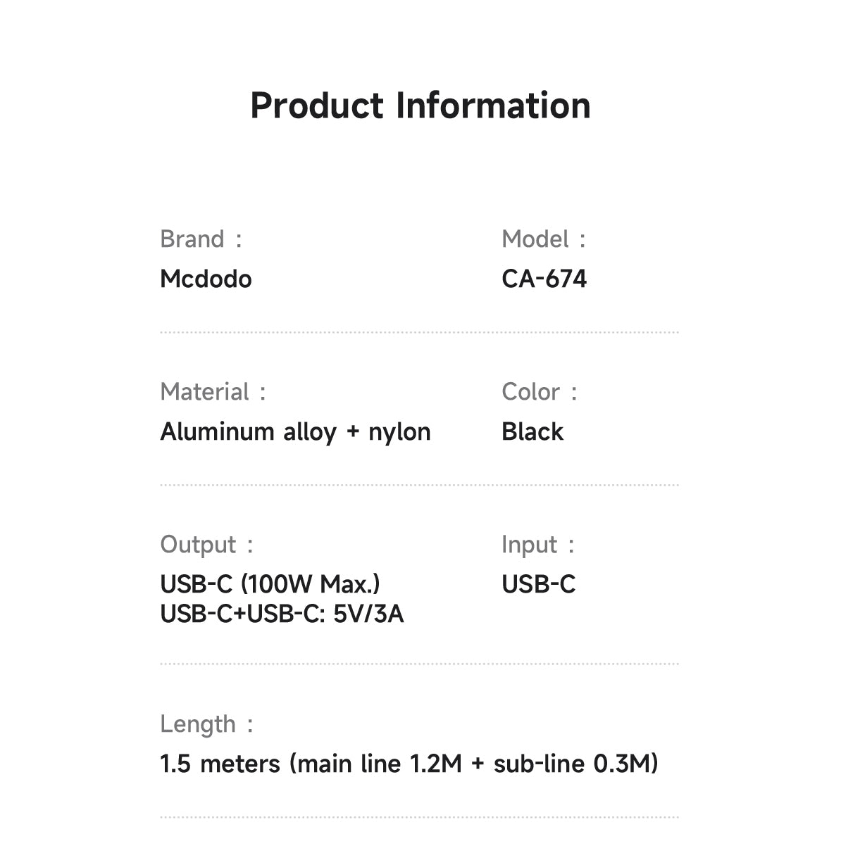 Mcdodo 2 in 1 100W USB-C to Dual USB-C Cable with LED 1.5m