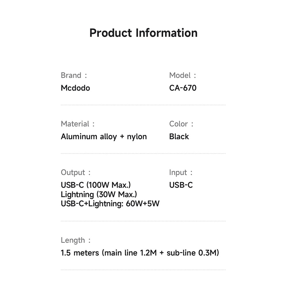 Mcdodo USB C and Lightning Cable 2-in-1, USB-C to C & Lightning 100W Fast Charging Cable