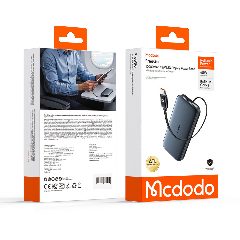 Mcdodo 45W LED Display  Power Bank 10000mAh Built-in USB-C Retractable Cable