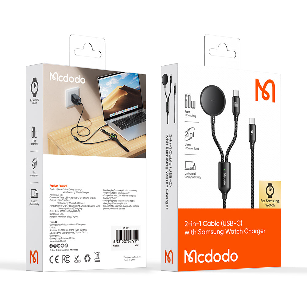 Mcdodo 2 in 1 60W USB-C to USB-C+ Wireless Charger for Samsung Watch Cable 1.2m